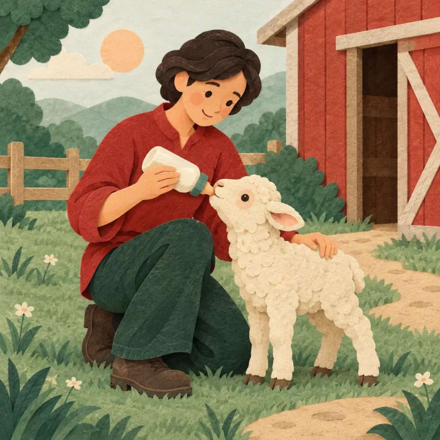A person feeds a small lamb from a bottle outdoors.