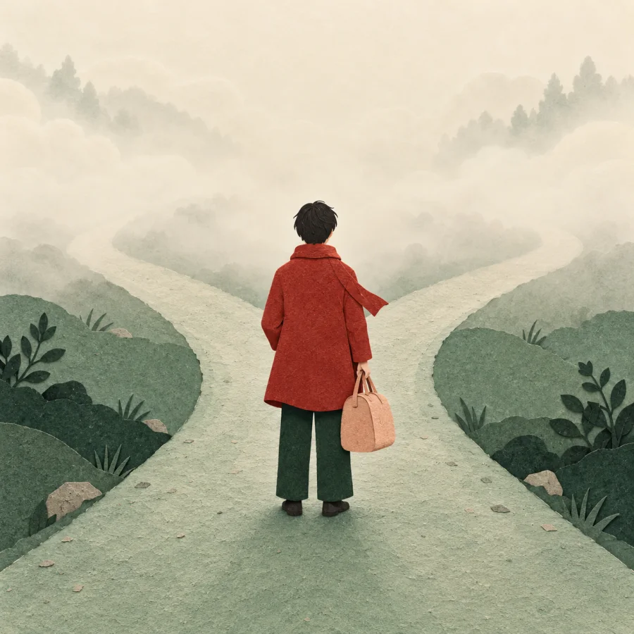A traveler stands at a foggy fork in the road