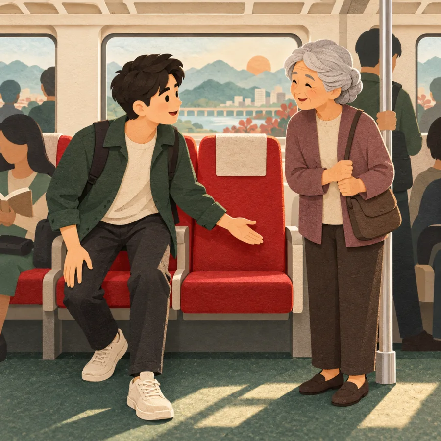 A passenger offers his seat to an older person on a train