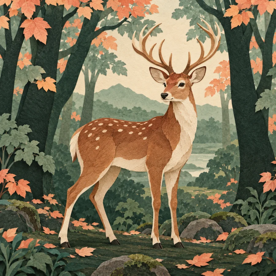 A deer in an autumn deciduous forest with peachy leaves