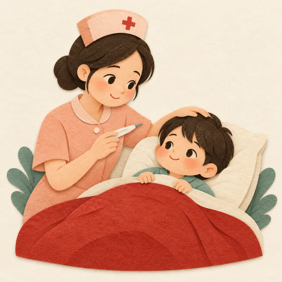 A nurse takes the temperature of a child with a thermometer