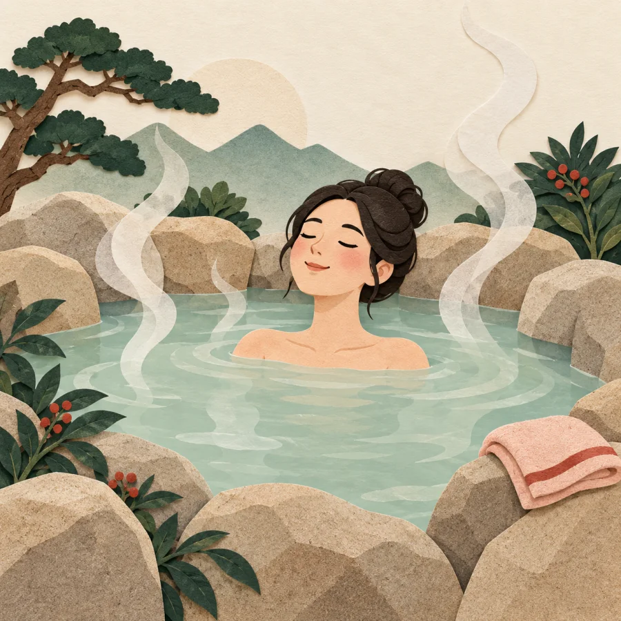 A person soaking in a steaming hot spring pool surrounded by rocks