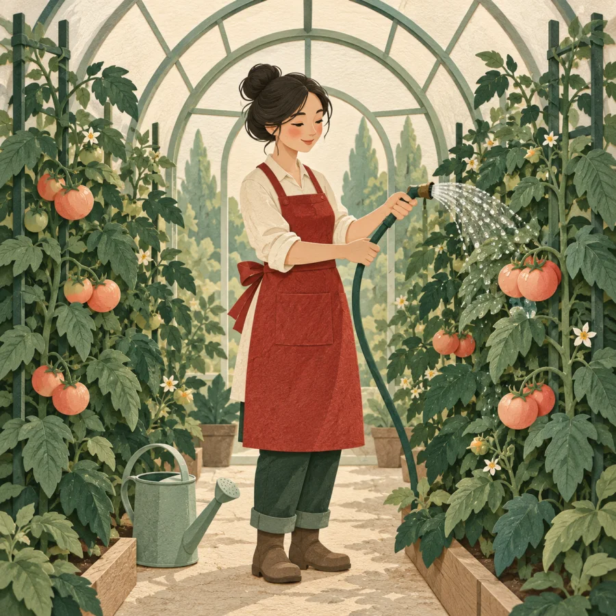 A gardener waters tomato plants inside a greenhouse