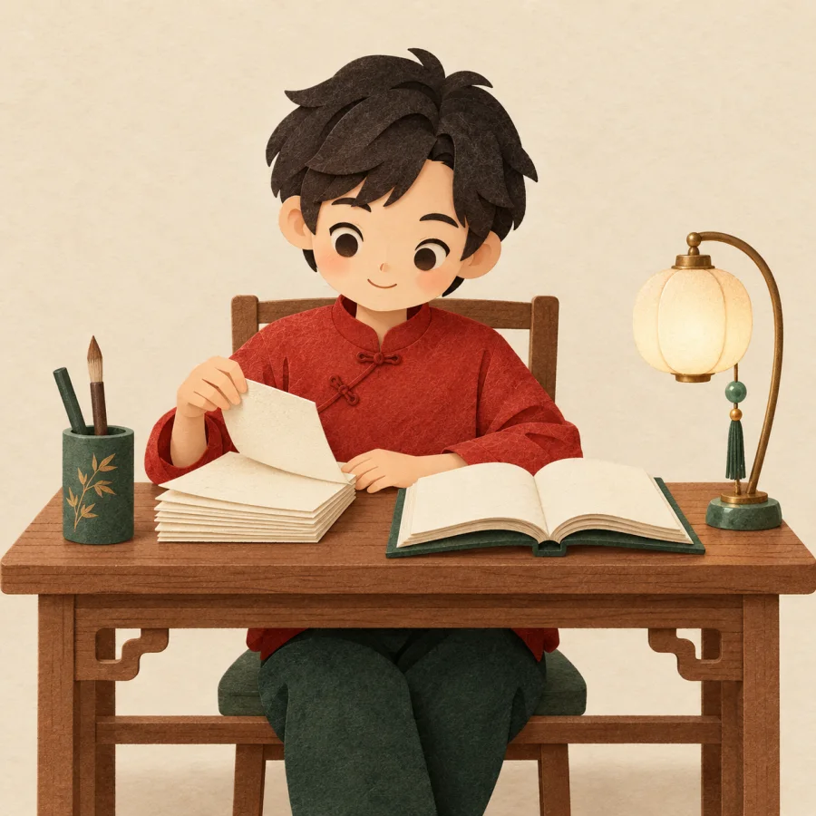A student reviews notes at a desk with a lamp