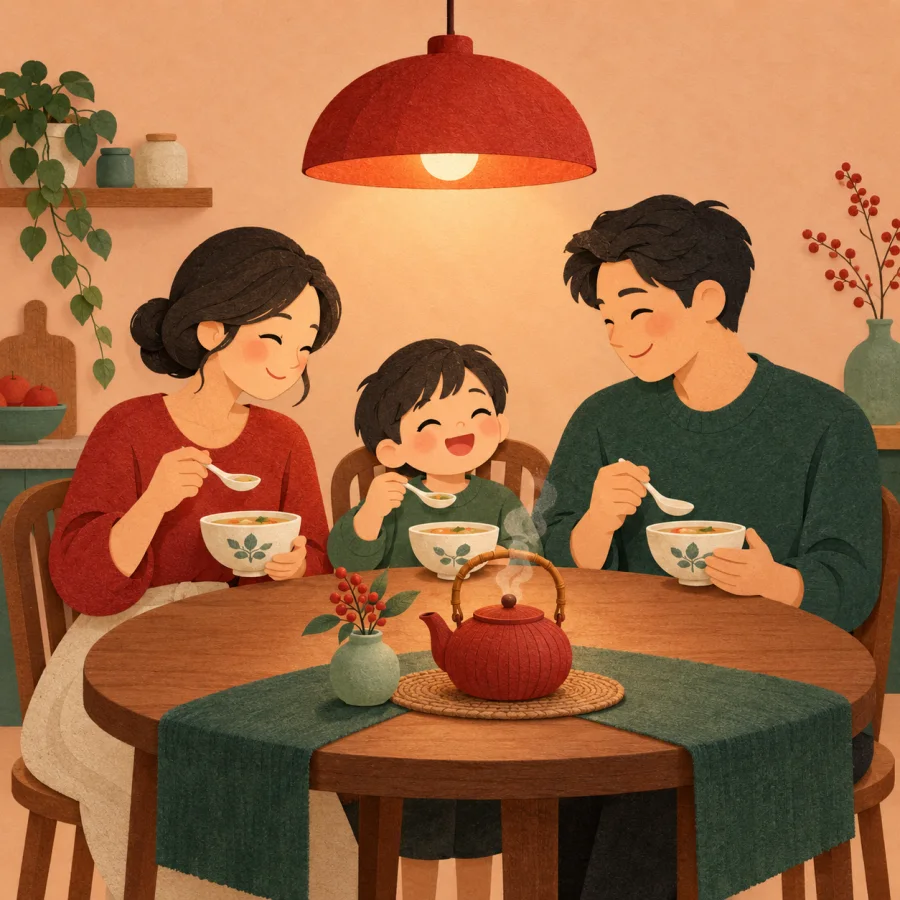 A family shares soup at a table under a red lamp