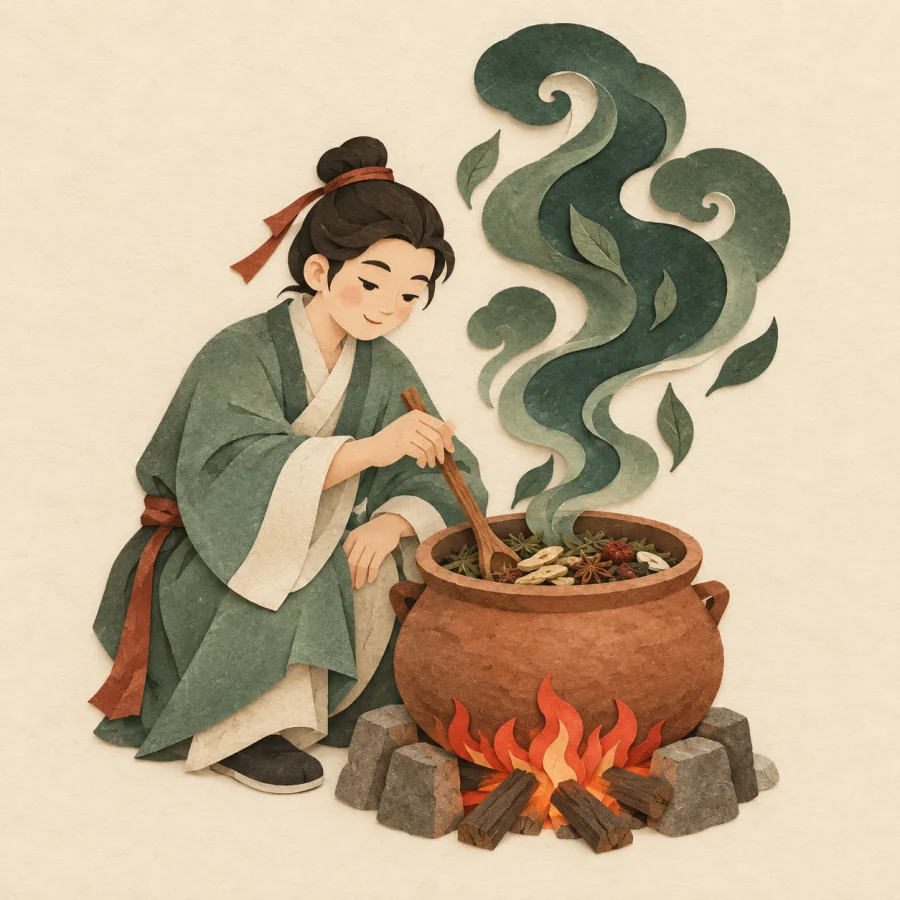 A person in old robes boils herbs in a pot over a fire