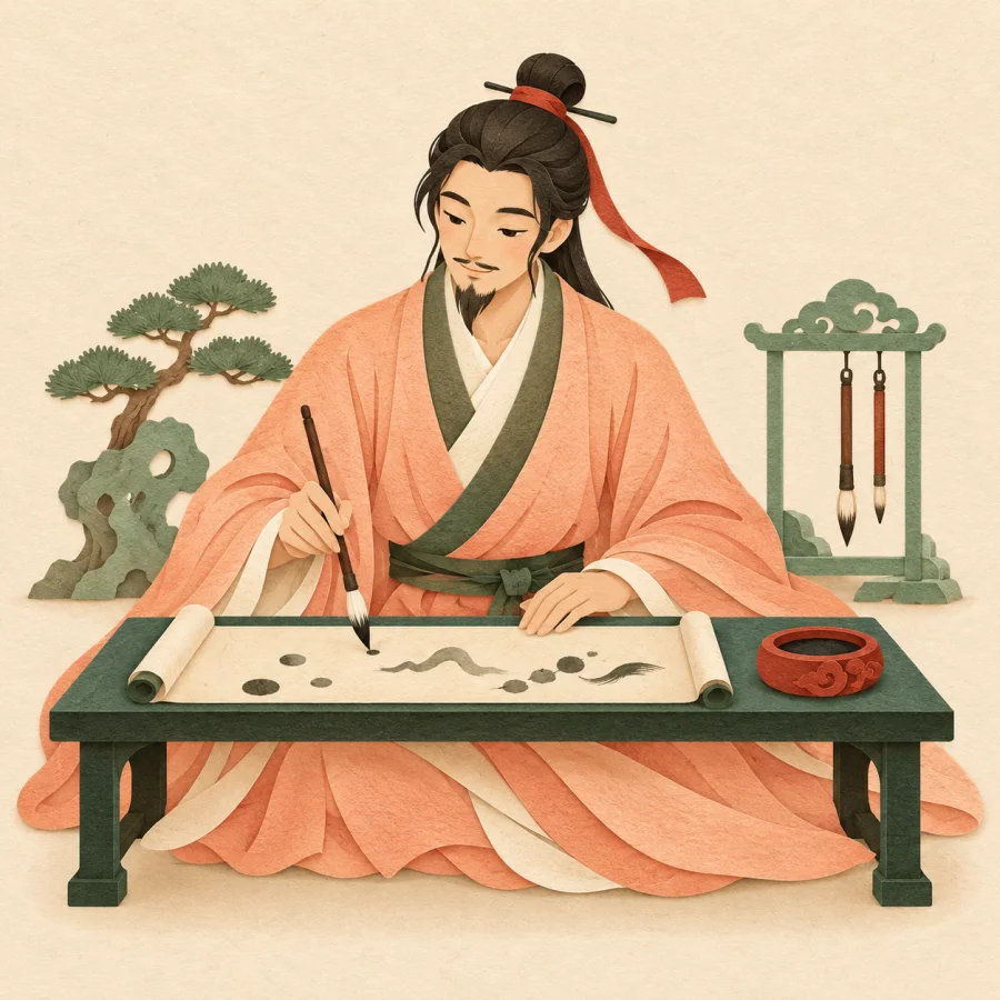 A scholar writing with a brush on a long scroll