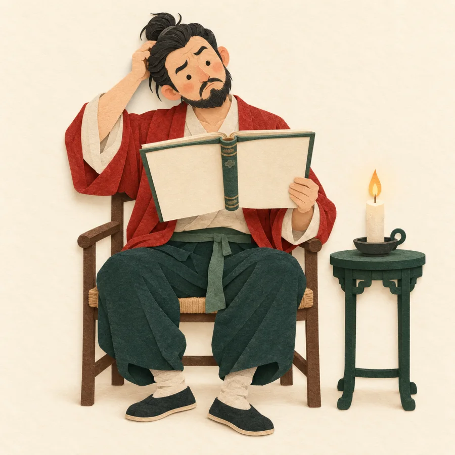 A puzzled man holds an open book upside down