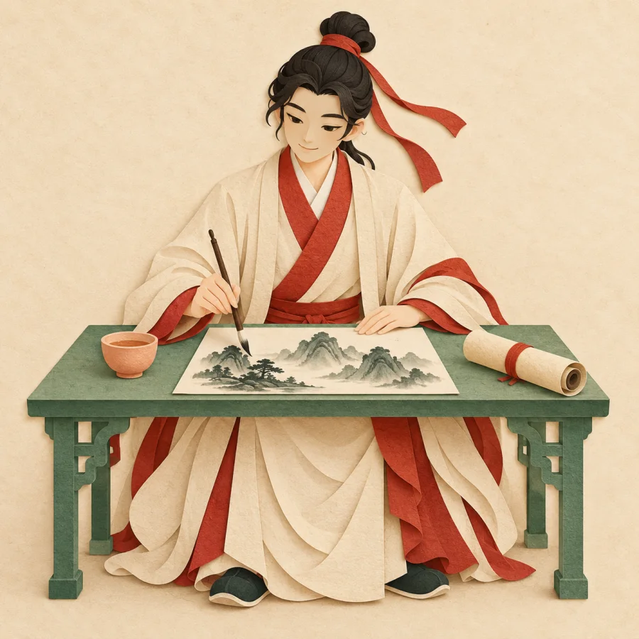 A robed scholar paints a landscape with a brush at a jade table