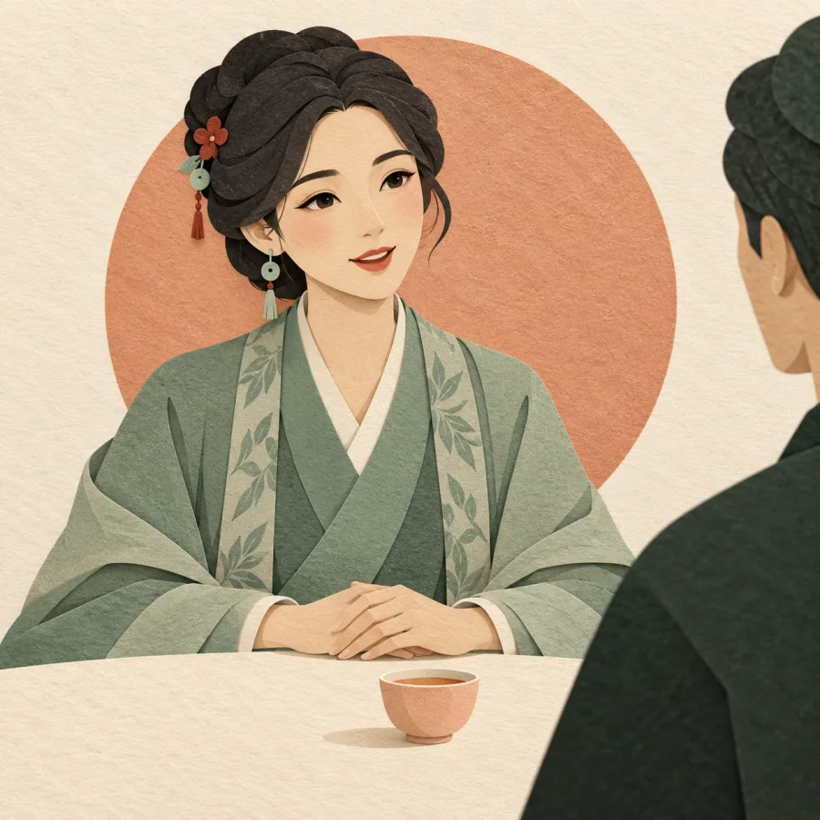 A woman in jade robes politely talks with a guest at a table