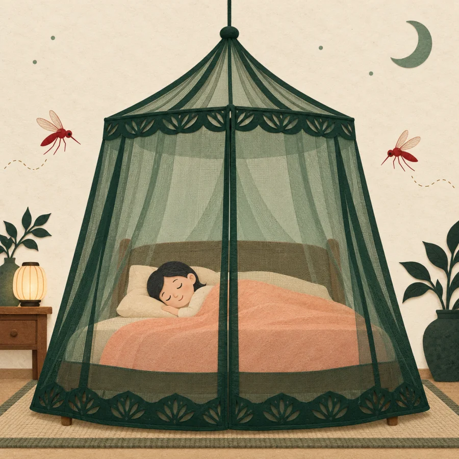 A sleeping figure under a green mosquito net, mosquitoes outside