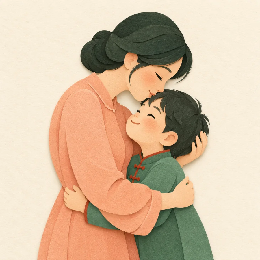 A parent kisses a child on the forehead