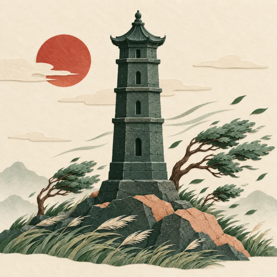 A stone tower stands on a wide base as trees bend in wind