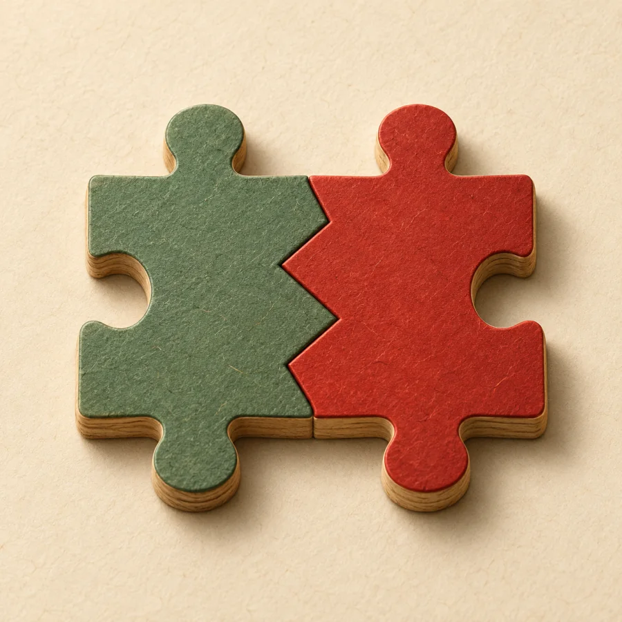 Two colored puzzle pieces fit together perfectly