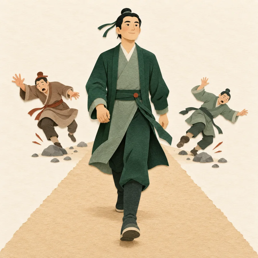 A calm person walking a straight path while others stumble
