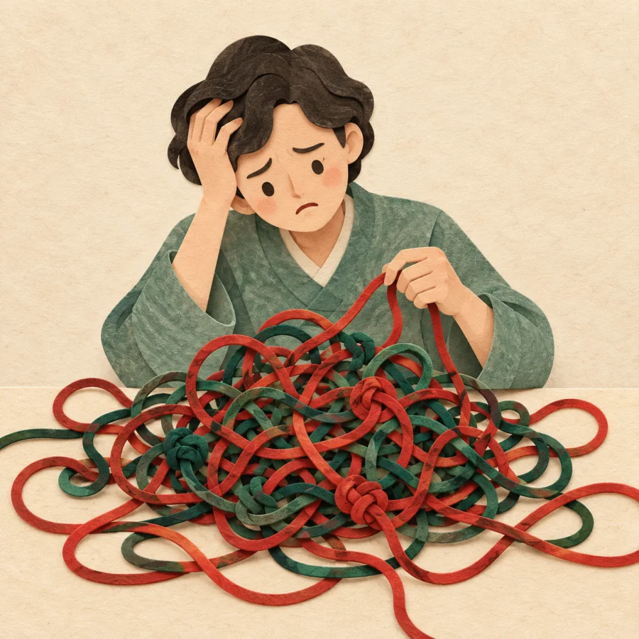 A person looking at tangled knotted threads on a table