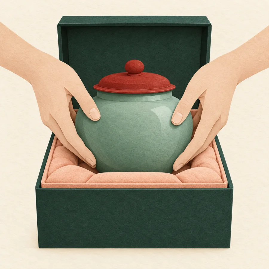 Hands packing a jar securely into a padded box