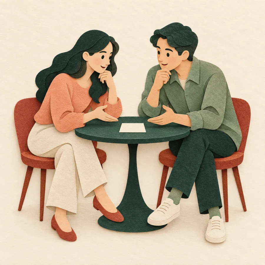 Duas pessoas conversando à mesa