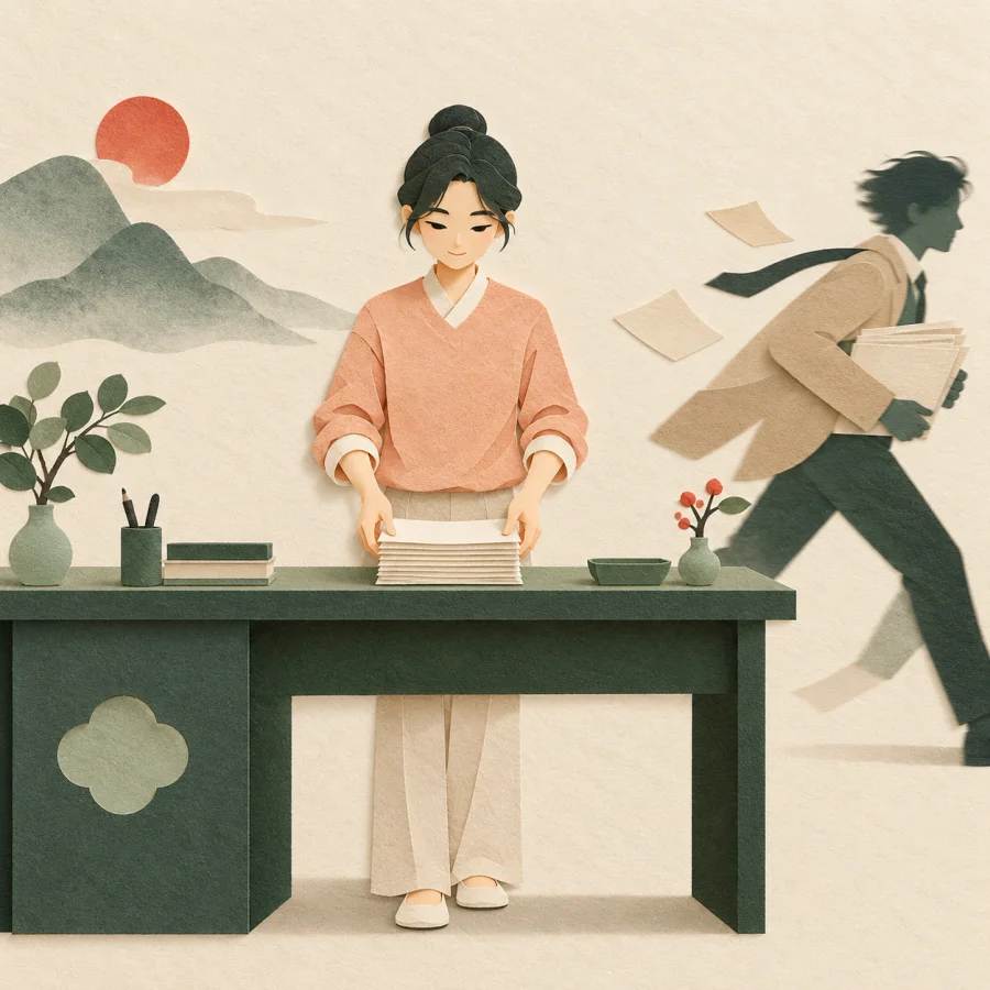 A composed person calmly arranging papers at a desk