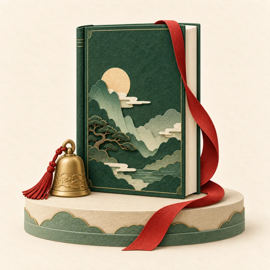 A new book on a podium with a red ribbon
