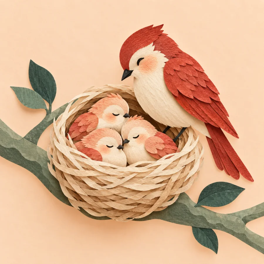 Baby birds nestled in a tree nest on a branch
