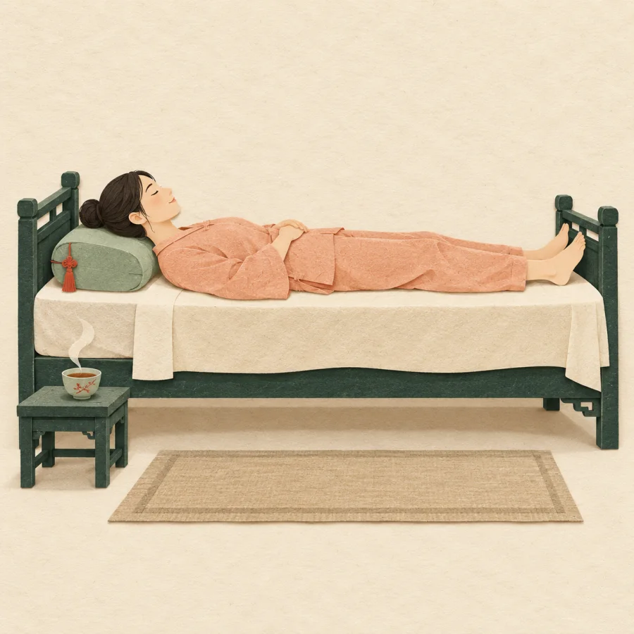 A person lying flat on a bed resting