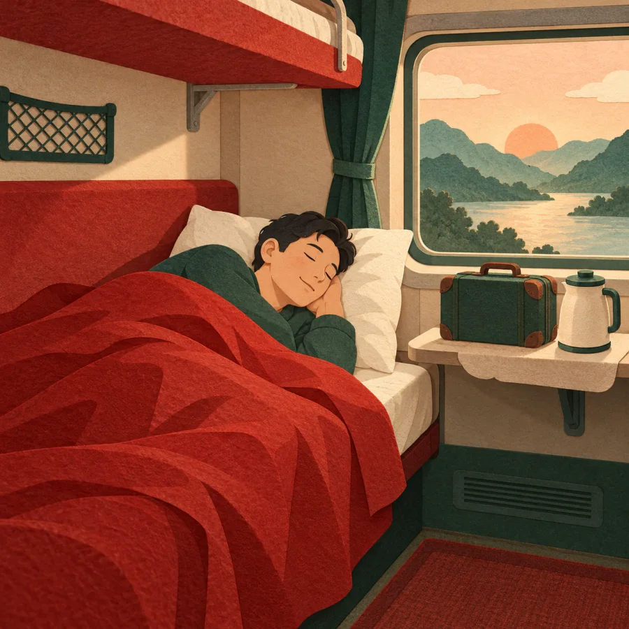 A traveler sleeping on a train sleeper berth