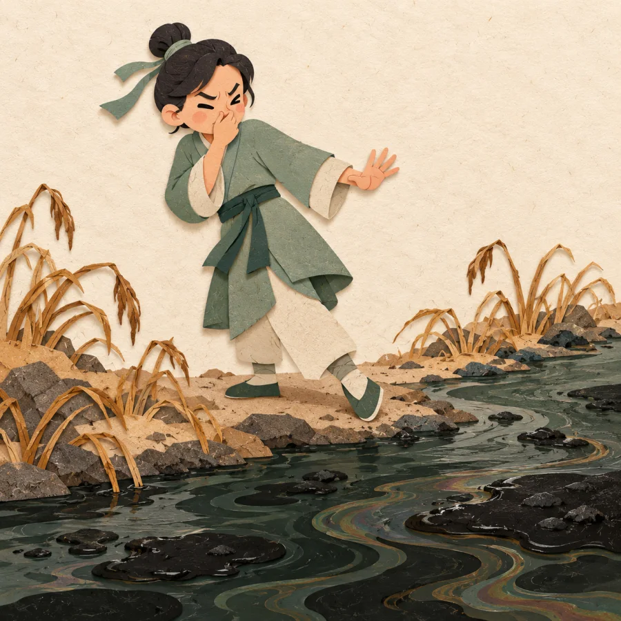 A person holding their nose beside a filthy river
