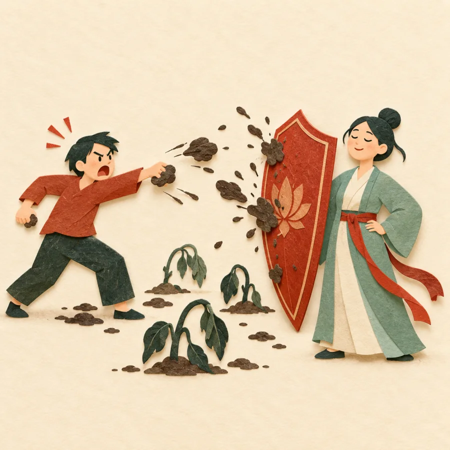 A figure throwing dark mud at a calm person