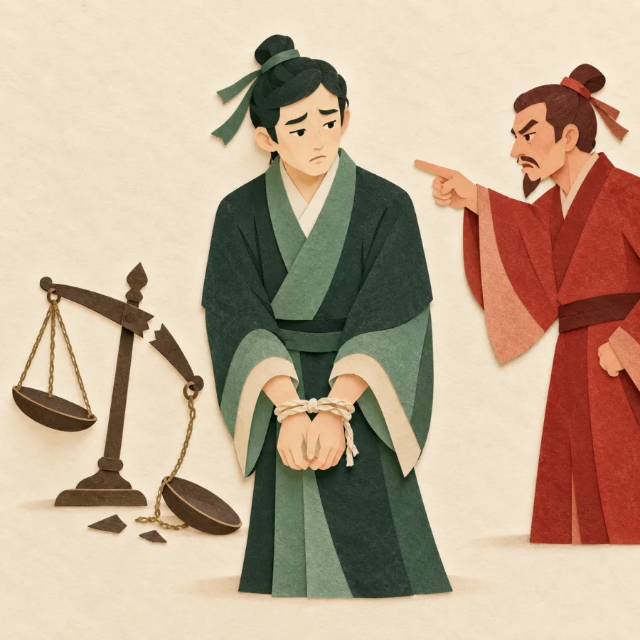 A tied innocent man is pointed at by an accusing raised finger