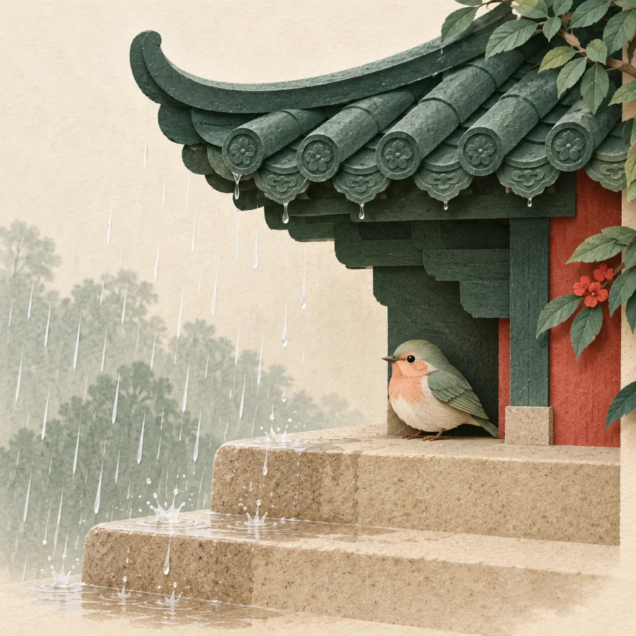Rain drips from the roof edge, a bird shelters beneath