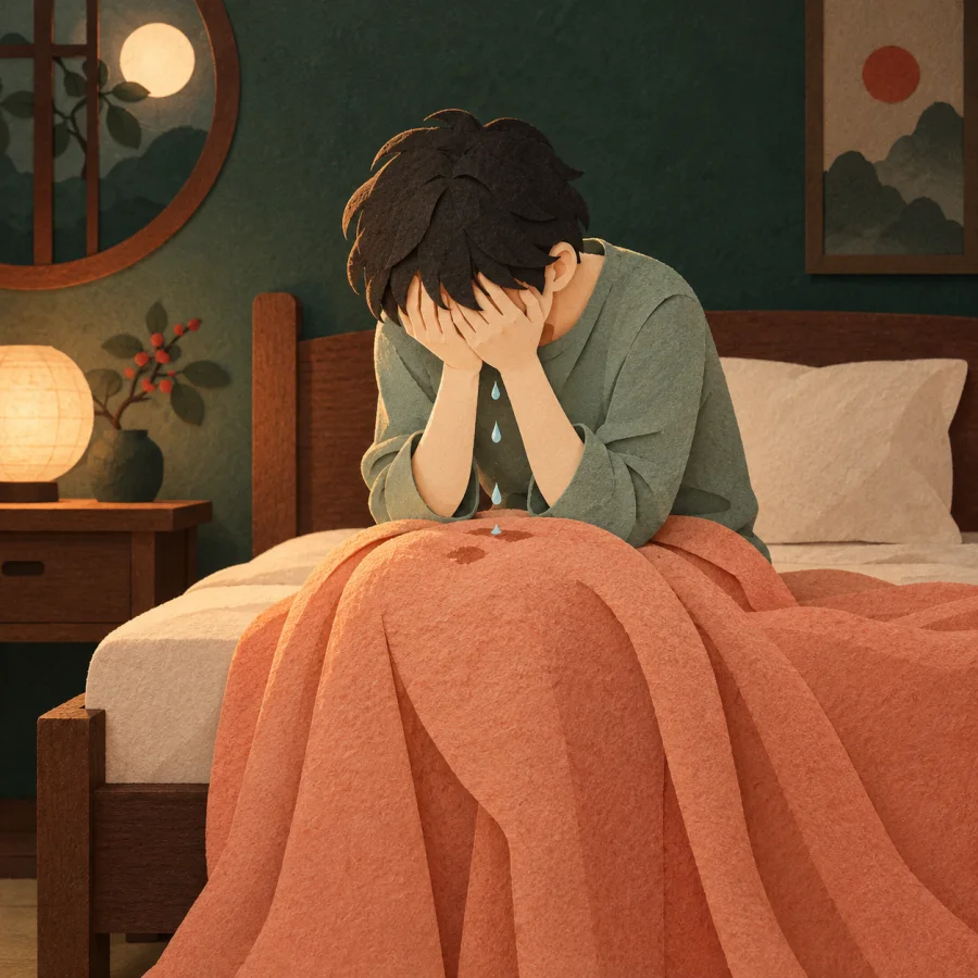 A person sits on the bed edge, face hidden in hands
