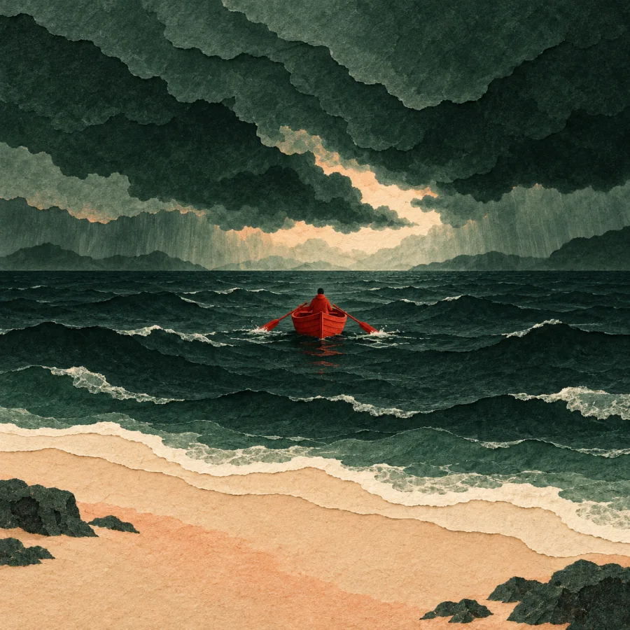 Heavy storm clouds hang over the sea, a boat rows toward shore
