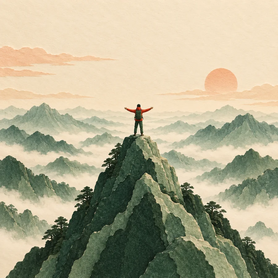 A person on a mountain top gazes at a vast green landscape