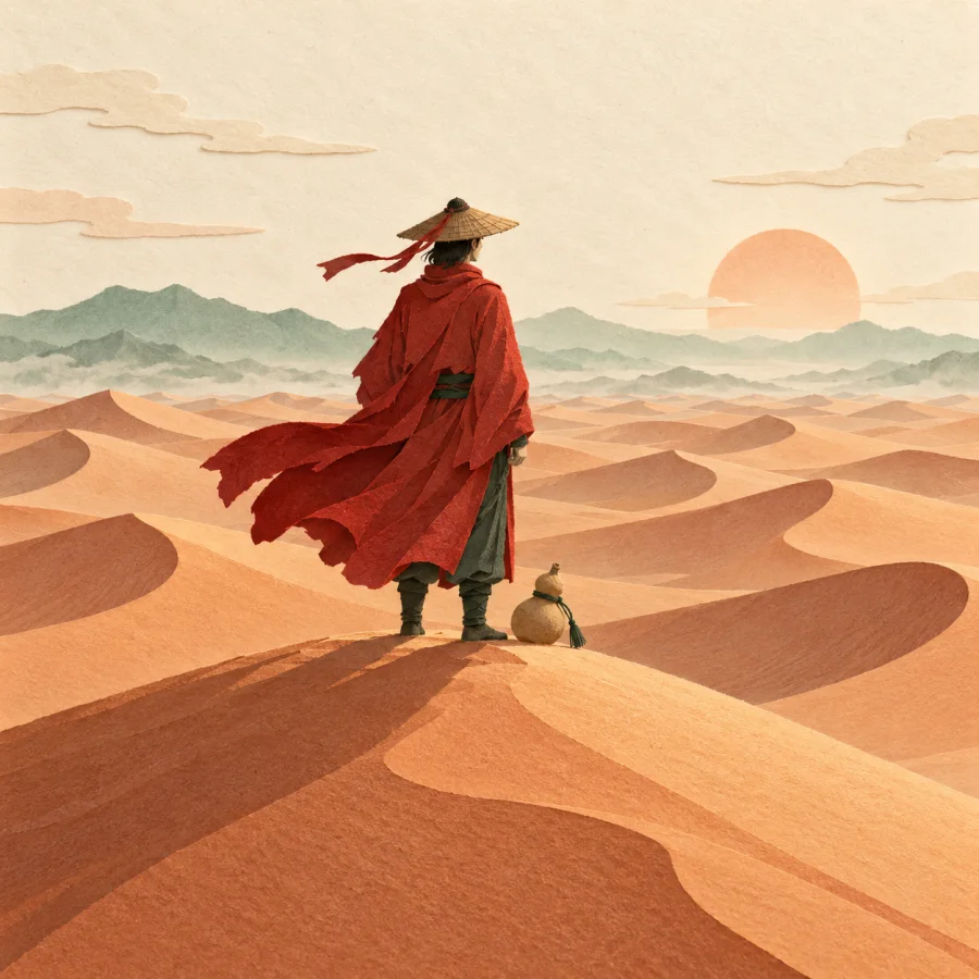 A traveler on a sand dune gazes at the endless desert