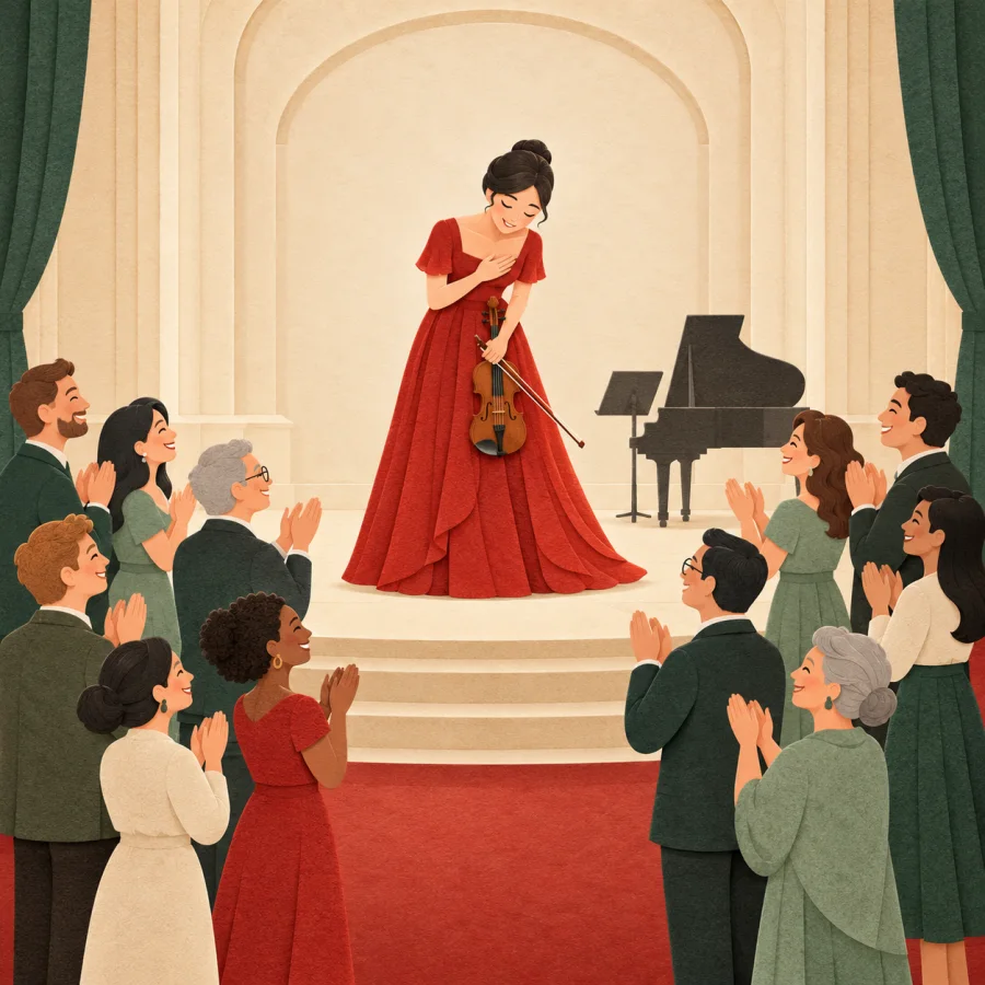 The whole audience applauds a bowing performer on stage