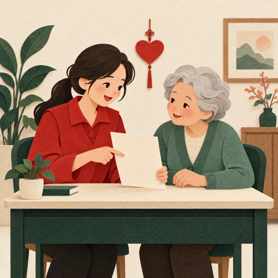 A volunteer explains a document to an elderly visitor at a desk