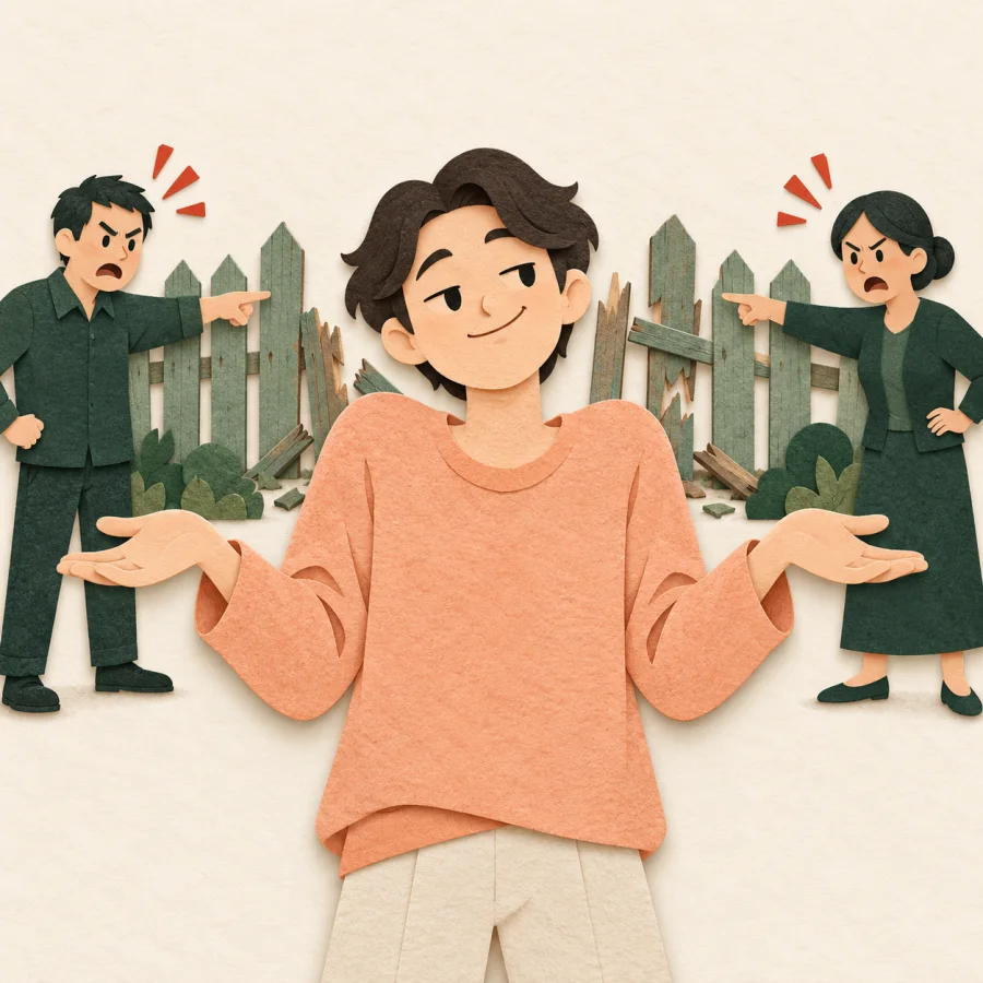 A smirking person shrugs while frowning neighbors point at a broken fence