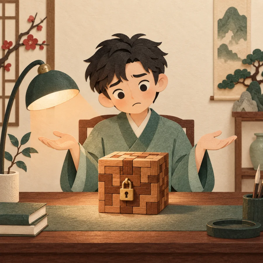 A student at a desk spreads his hands helplessly before a locked puzzle box
