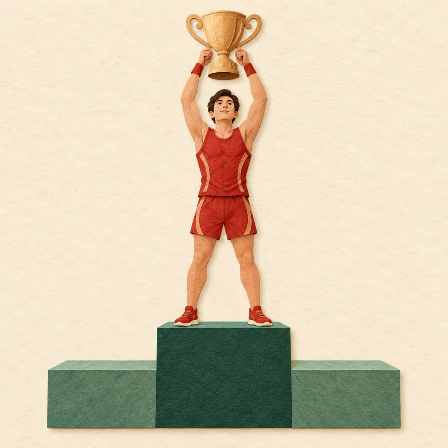 An athlete holds a trophy on the highest podium step