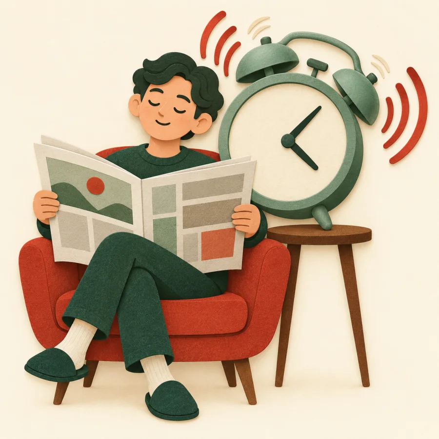 A person calmly reads a newspaper beside a loud ringing alarm clock
