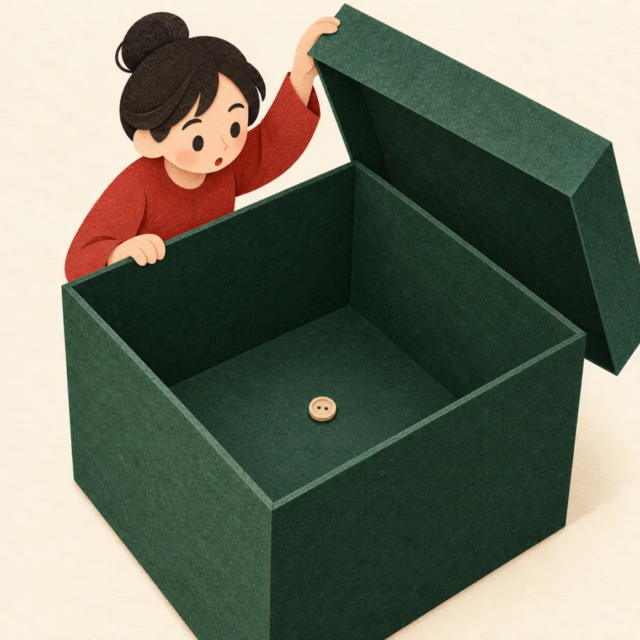 A person opens a huge box and finds one small button inside