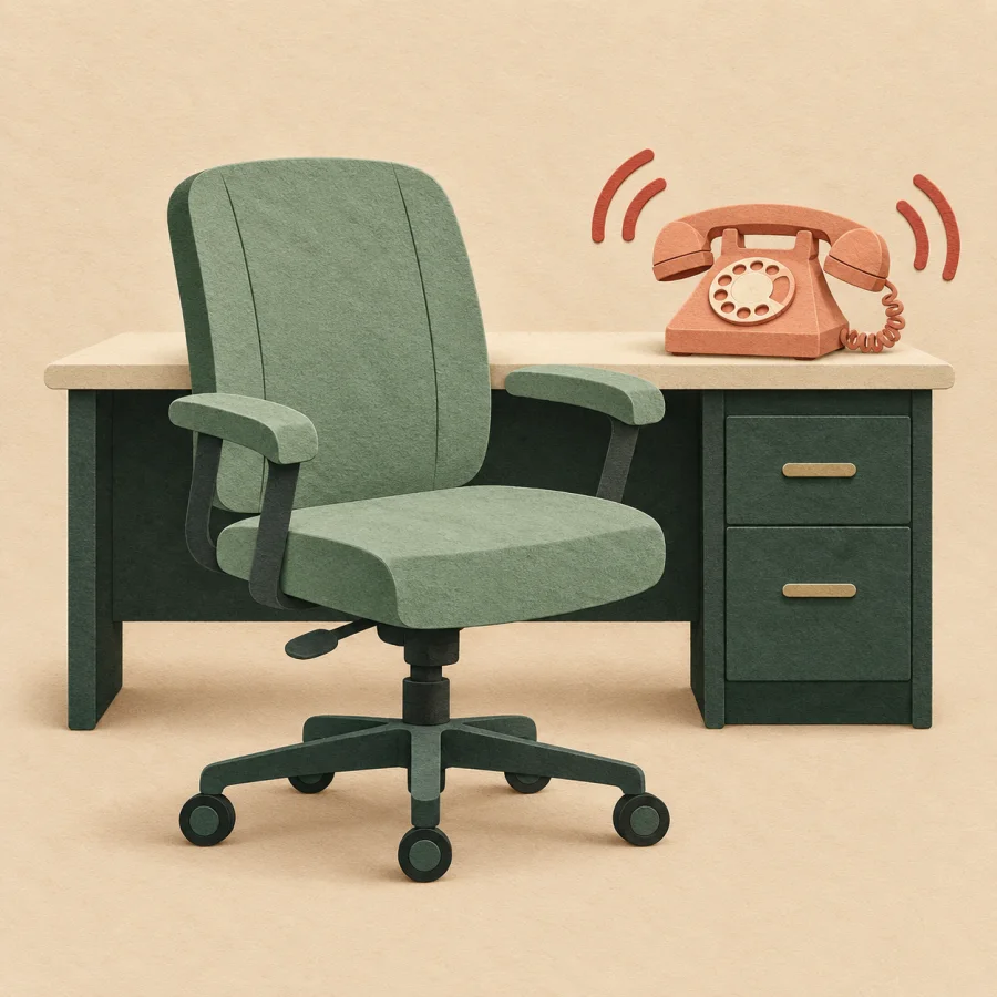 An empty office chair stands before a ringing telephone on a desk