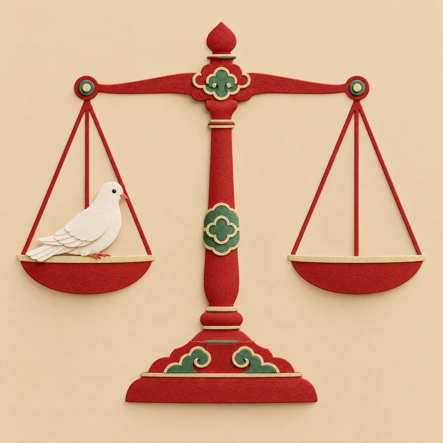 A dove sits on the pan of balanced scales of justice