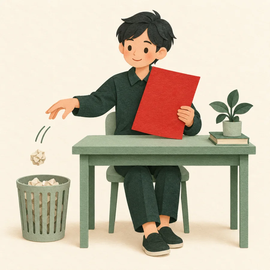 A person drops a small paper scrap into a basket while keeping a large document
