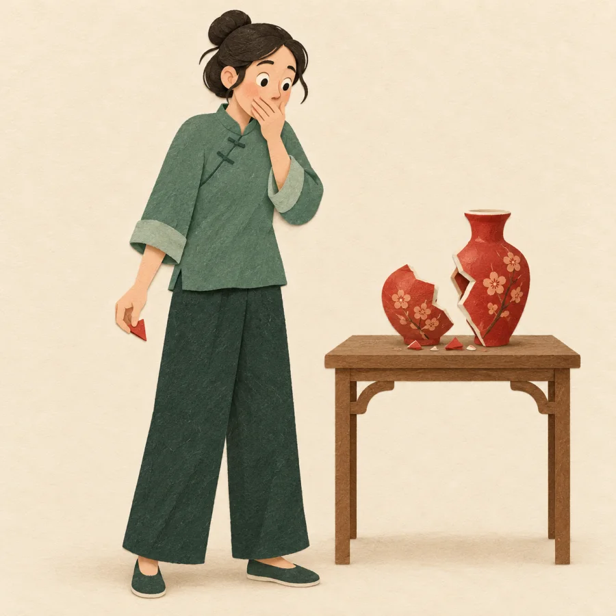A person covers their mouth facing evidence on a table