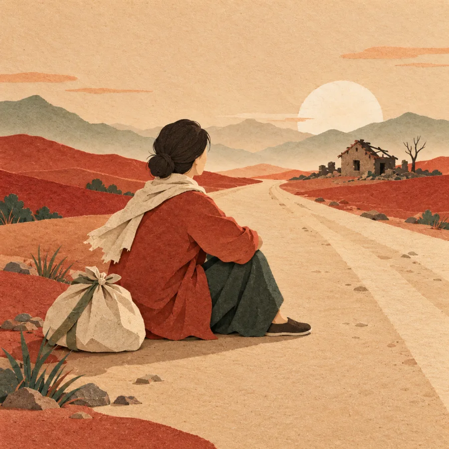 A person sits by a road with a bundle beside a ruined house