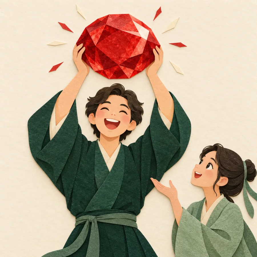 A person holds up a large shining gem