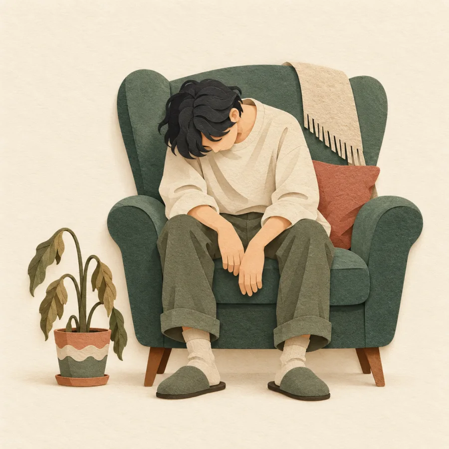 A drooping person slumps in a chair next to a wilted plant