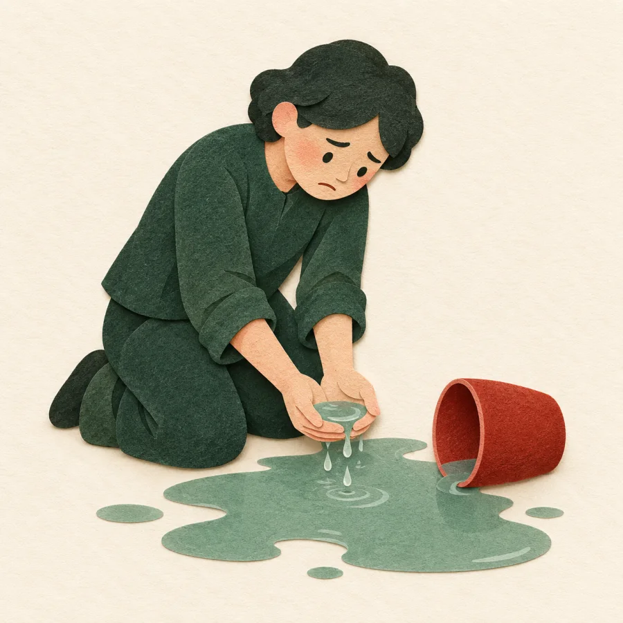 A person tries to scoop spilled water back into a tipped cup